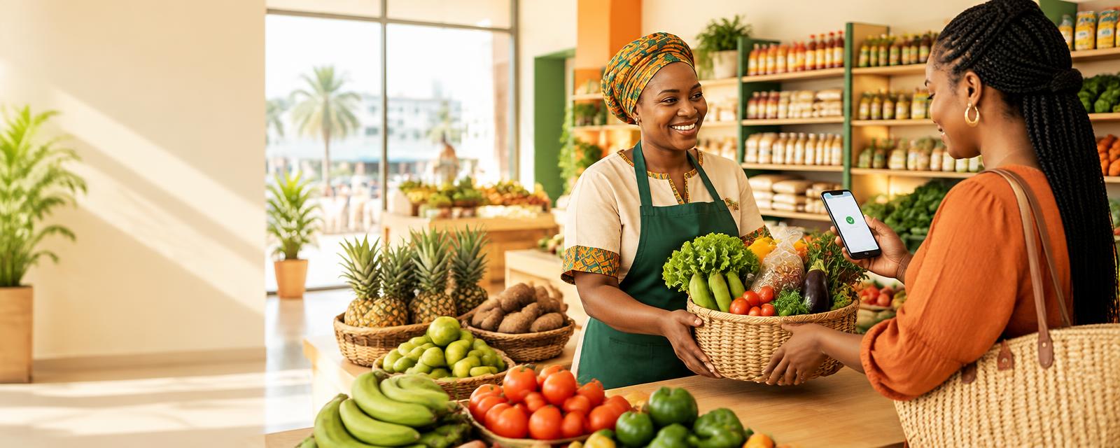 Marchande remettant un panier de légumes à une cliente